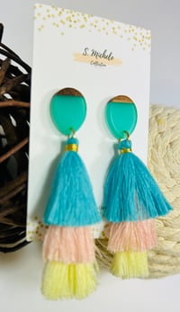 Image 2 of Baby Blue & Pink Tiered Tassel Drop Earrings