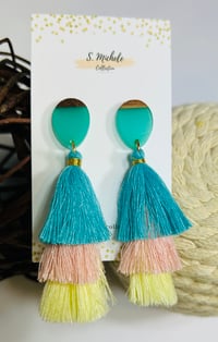 Image 3 of Baby Blue & Pink Tiered Tassel Drop Earrings