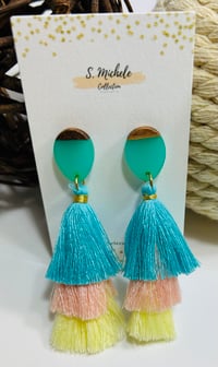Image 4 of Baby Blue & Pink Tiered Tassel Drop Earrings