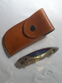 Image 4 of Hand Forged Damascus Folding Knife Pakkawood Handle Leather Sheath