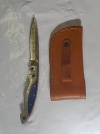 Image 5 of Hand Forged Damascus Folding Knife Pakkawood Handle Leather Sheath