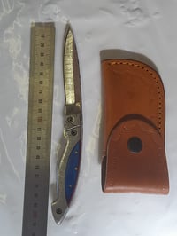 Image 1 of Hand Forged Damascus Folding Knife Pakkawood Handle Leather Sheath