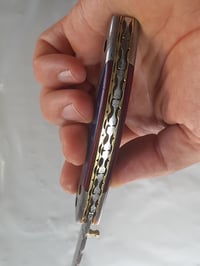 Image 2 of Hand Forged Damascus Folding Knife Pakkawood Handle Leather Sheath