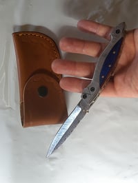 Image 7 of Hand Forged Damascus Folding Knife Pakkawood Handle Leather Sheath
