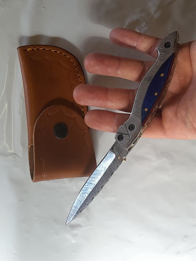 Hand Forged Damascus Folding Knife Pakkawood Handle Leather Sheath