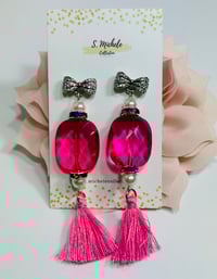 Image 1 of Antique Bow Fuchsia Tassel Earrings