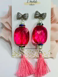 Image 3 of Antique Bow Fuchsia Tassel Earrings
