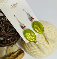 Image 2 of Olive Oval Tassel Earrings w/ Red Rhinestone