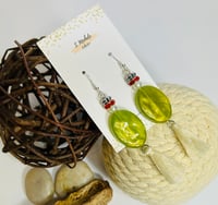 Image 1 of Olive Oval Tassel Earrings w/ Red Rhinestone