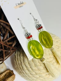 Image 4 of Olive Oval Tassel Earrings w/ Red Rhinestone