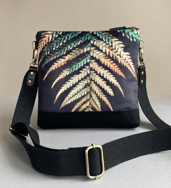 Image of Fern frond, large velvet shoulder bag with woven crossbody strap