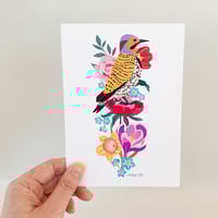Image 2 of Northern Flicker with Multi Flowers Art Print