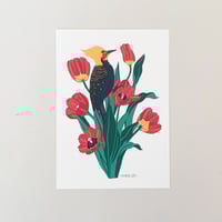 Image 1 of Blonde Crested Woodpecker with Tulips Art Print