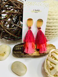 Image 1 of Pink & Red Tiered Tassel Drop Earrings
