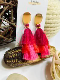 Image 3 of Pink & Red Tiered Tassel Drop Earrings