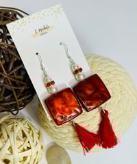 Image 3 of Burgundy Red Rhinestone Tassel Earrings