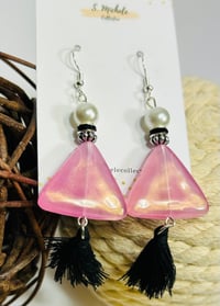 Image 1 of Pink Triangle & Pearl Tassel Earrings