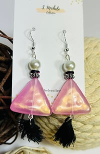 Image 2 of Pink Triangle & Pearl Tassel Earrings