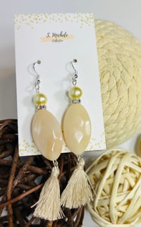 Image 2 of Tan w/ Rhinestone & Pearl Tassel Earrings