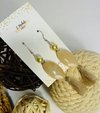 Image 3 of Tan w/ Rhinestone & Pearl Tassel Earrings