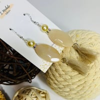 Image 4 of Tan w/ Rhinestone & Pearl Tassel Earrings