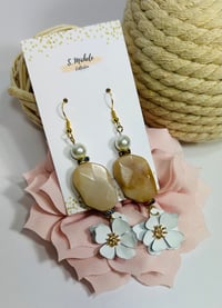 Image 1 of Tan & White Flower Earrings