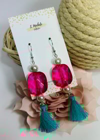 Image 3 of Pink Oval Turquoise Tassel Earrings