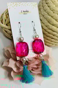Image 2 of Pink Oval Turquoise Tassel Earrings