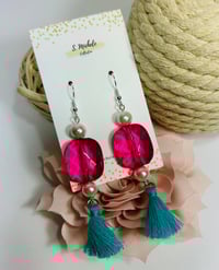 Image 4 of Pink Oval Turquoise Tassel Earrings