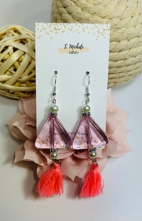 Image 1 of Clear Pink Triangle & Pearl Tassel Earrings