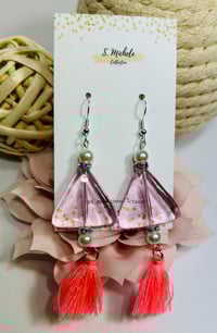 Image 2 of Clear Pink Triangle & Pearl Tassel Earrings