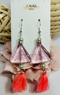 Image 4 of Clear Pink Triangle & Pearl Tassel Earrings