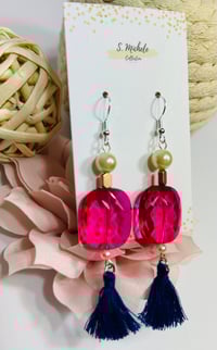 Image 1 of Fushia Oval Navy Blue Tassel Earrings