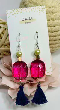 Image 2 of Fushia Oval Navy Blue Tassel Earrings