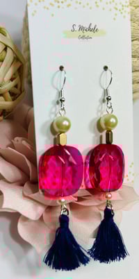 Image 4 of Fushia Oval Navy Blue Tassel Earrings