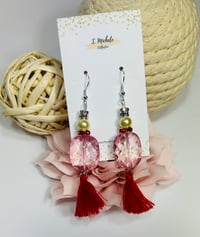 Image 1 of Pink Oval Red Tassel Earrings