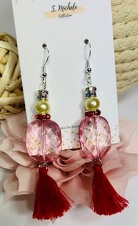 Image 2 of Pink Oval Red Tassel Earrings