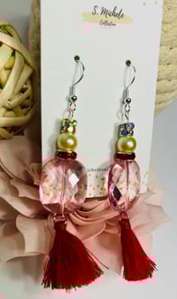 Image 3 of Pink Oval Red Tassel Earrings