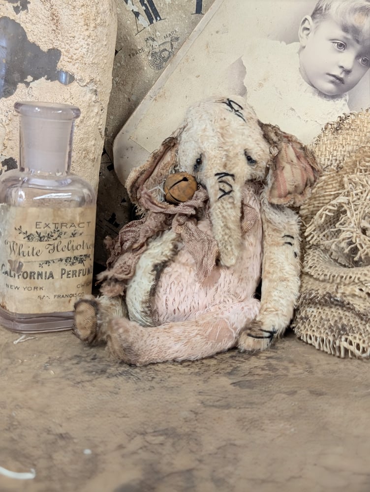 Image of 5" - Vintage Shabby Old Worn PiNK&Cream Ellyfont with rusty bell charm by whendi's bears.