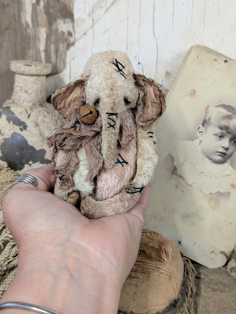 Image of 5" - Vintage Shabby Old Worn PiNK&Cream Ellyfont with rusty bell charm by whendi's bears.