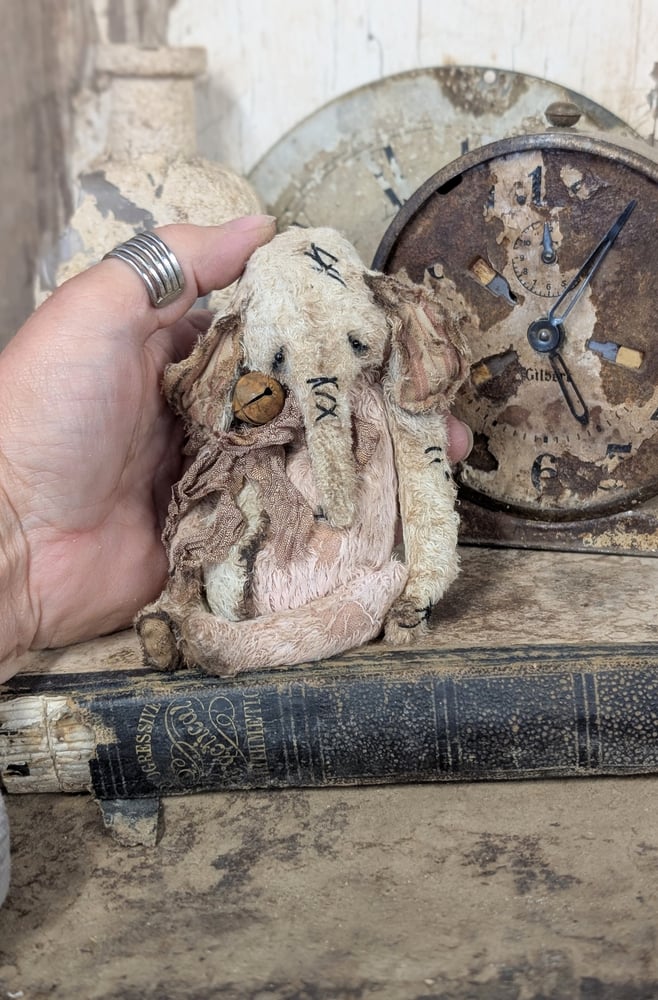 Image of 5" - Vintage Shabby Old Worn PiNK&Cream Ellyfont with rusty bell charm by whendi's bears.