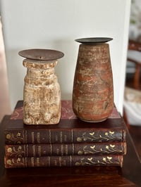 Image 2 of Pair of weathered wooden vintage candlestands.