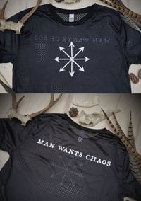 Image 1 of Man Wants Chaos Cropped Mesh Ringer Tee