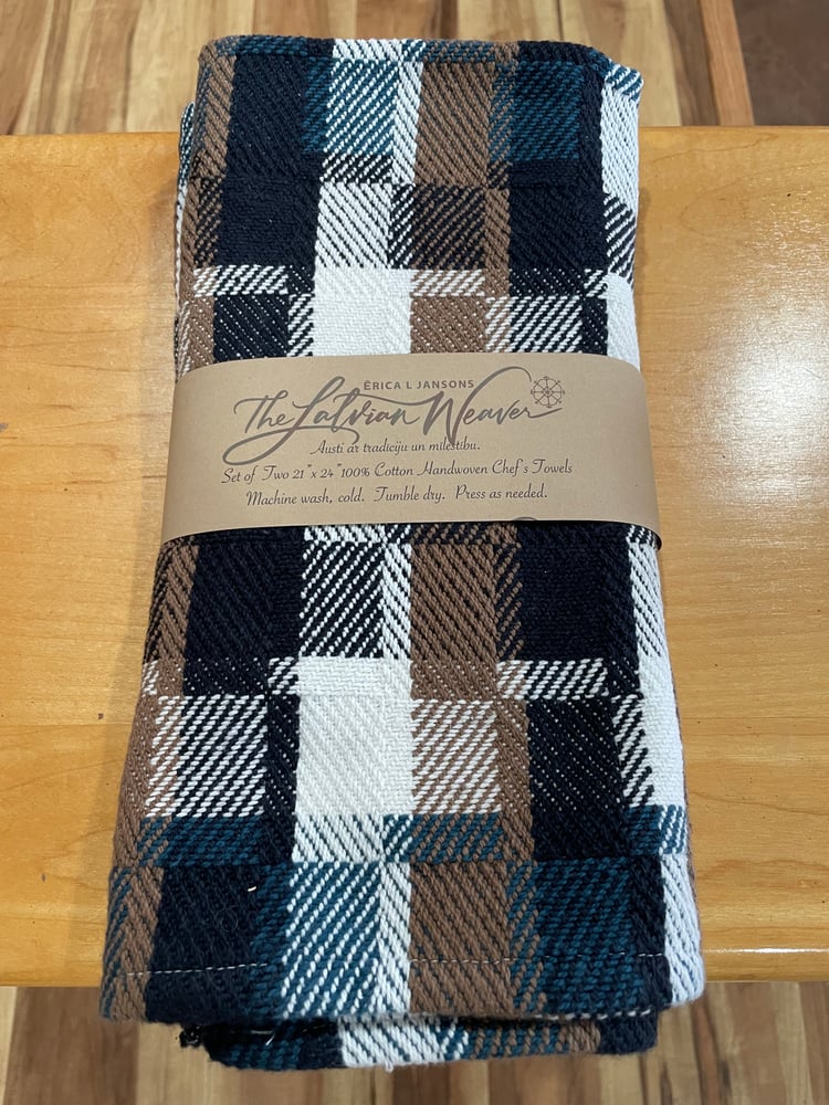 Image of Handwoven 100% cotton Dishtowels (black/brown/teal offset check) 