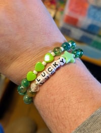 Image 2 of St. Patrick's Day green heart beaded stretch bracelet 