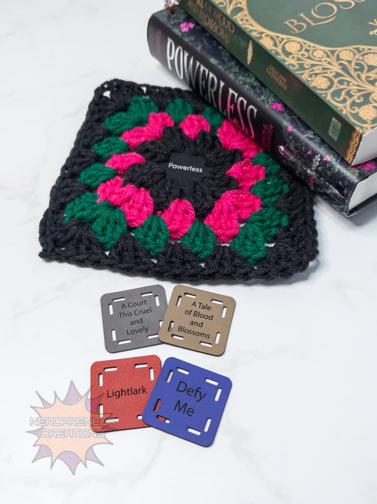 Image of Bookish Granny Starter Tags – Small Faux Leather Granny Square Patch for Book-Themed Crochet