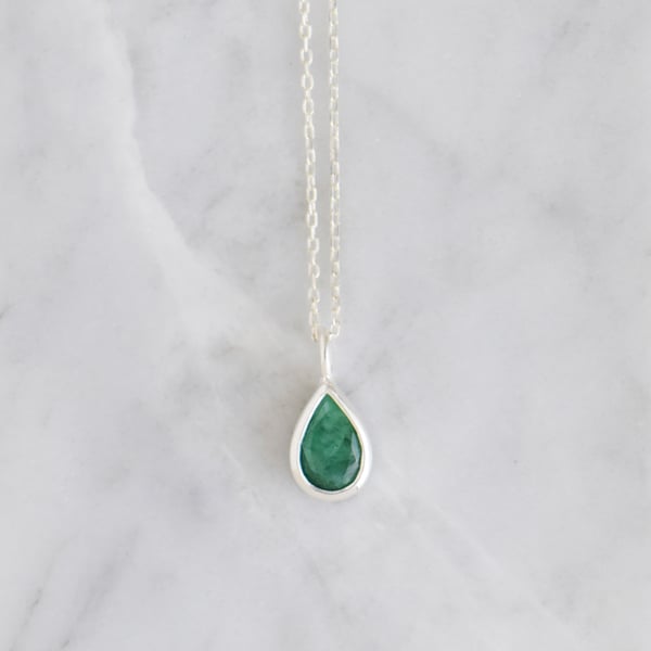 Image of Colombia Emerald grade A quality pear cut silver necklace