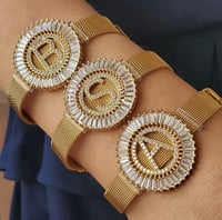 Image 1 of Bling CZ Diamond Capital Letter Initial Wristband Bangle Bracelet (18K Gold Plated) (Silver or Gold)