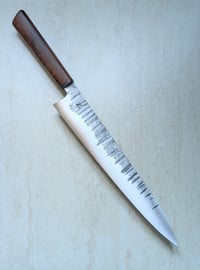 Image 1 of Forged Sujihiki / 52100 / Curly Walnut - Carbonfiber Frontcap