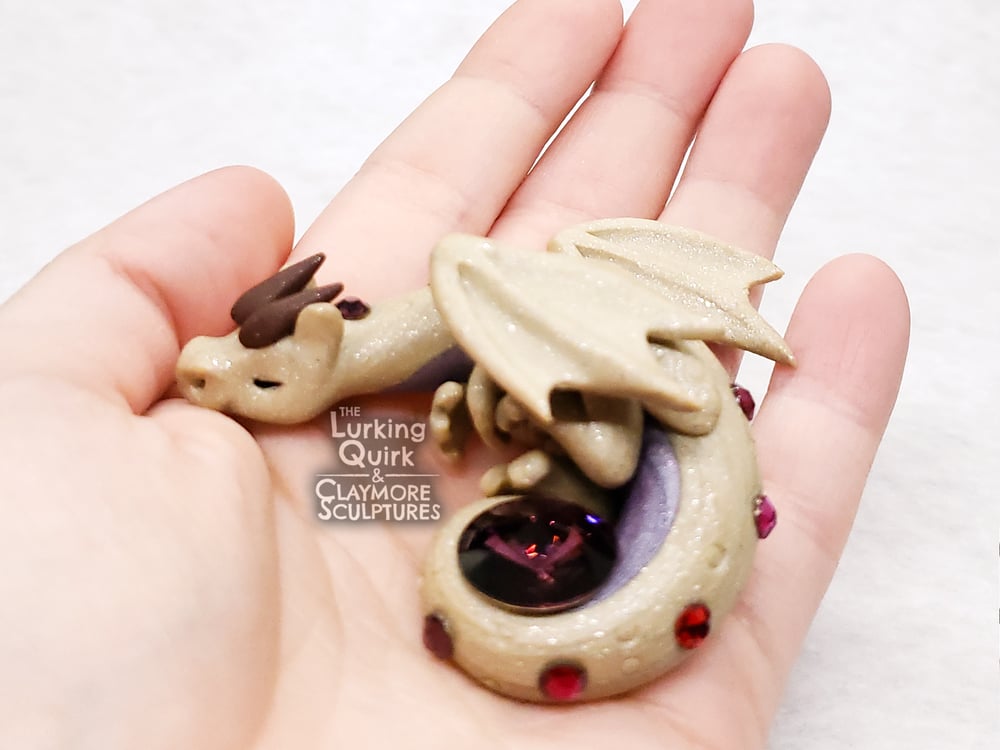 Small Glittery Beige Sleeping Dragon with Deep Purple Crystal